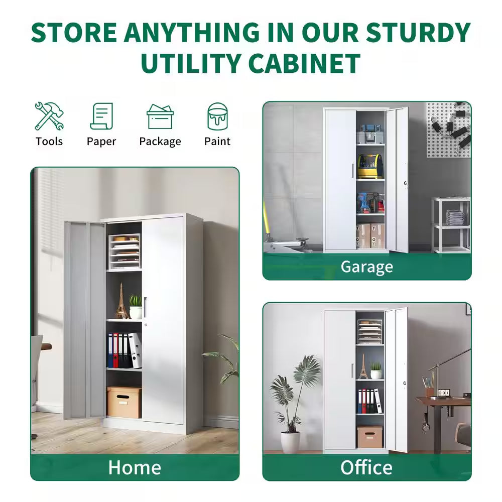 71 In.H White Metal Garage Storage Cabinet Locking Cabinet with Doors and 3 Shelves for Home Office, Classroom/Pantry