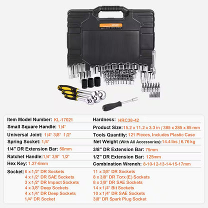 121-Piece Mechanics Tool Set, 1/4In. 3/8In. 1/2In. Drive Sockets, SAE + Metric Mechanic Tool Kit, for Automotive Repair