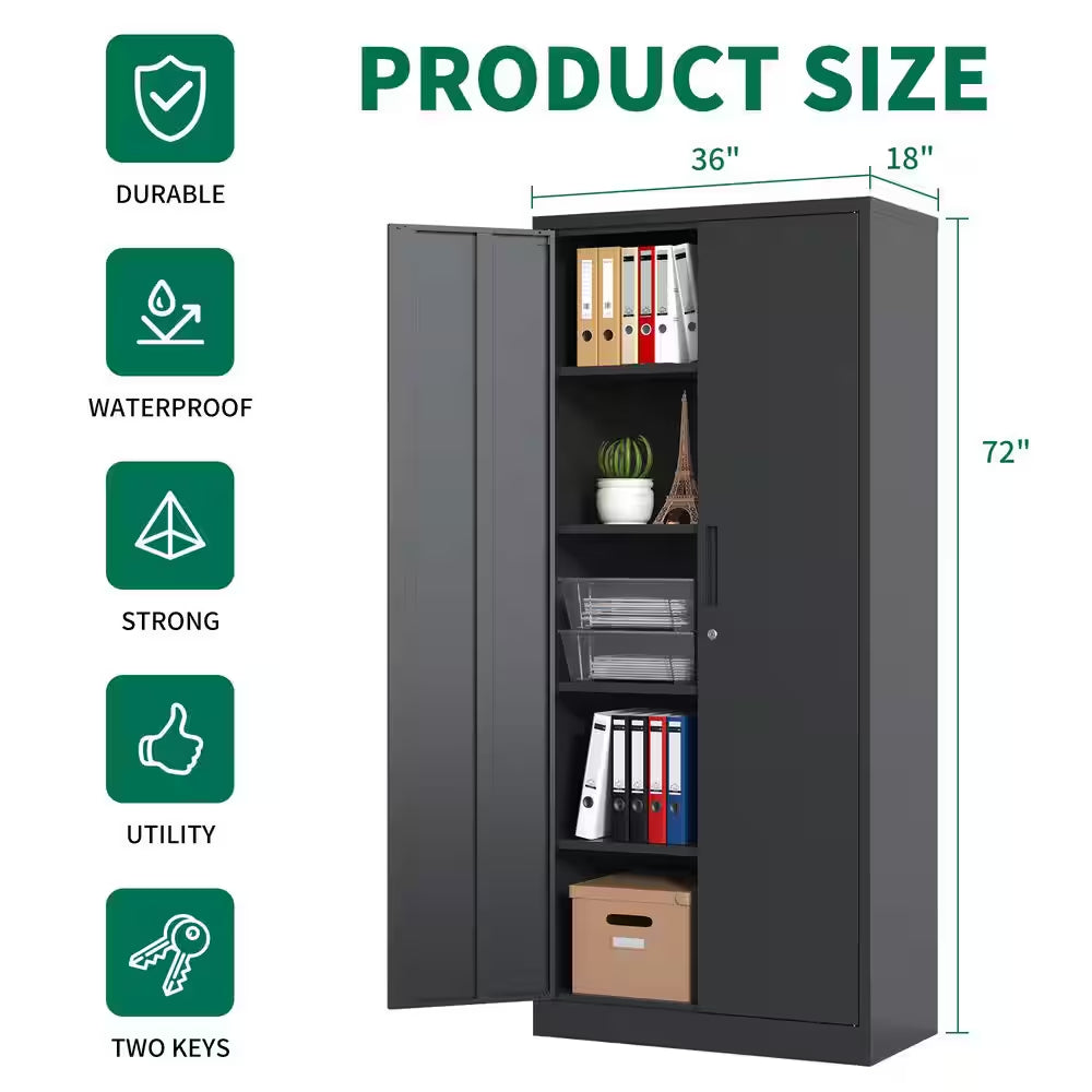 36 In. W X 72 In. H X 18 In. D Metal Freestanding Cabinet in Black with Lock for Home Gym Office School Garage
