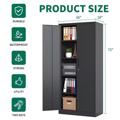 36 In. W X 72 In. H X 18 In. D Metal Freestanding Cabinet in Black with Lock for Home Gym Office School Garage