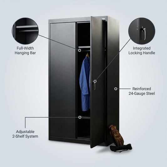 36 In. W X 72 In. H X 24 In. D 24-Gauge 2-Shelf Steel Freestanding Wardrobe Storage Cabinet in Black — Lifestyle