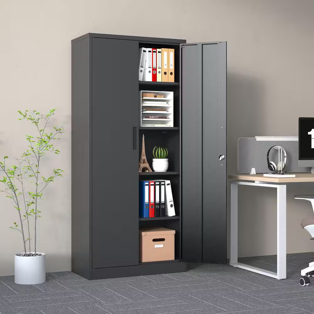 36 In. W X 72 In. H X 18 In. D Metal Freestanding Cabinet in Black with Lock for Home Gym Office School Garage
