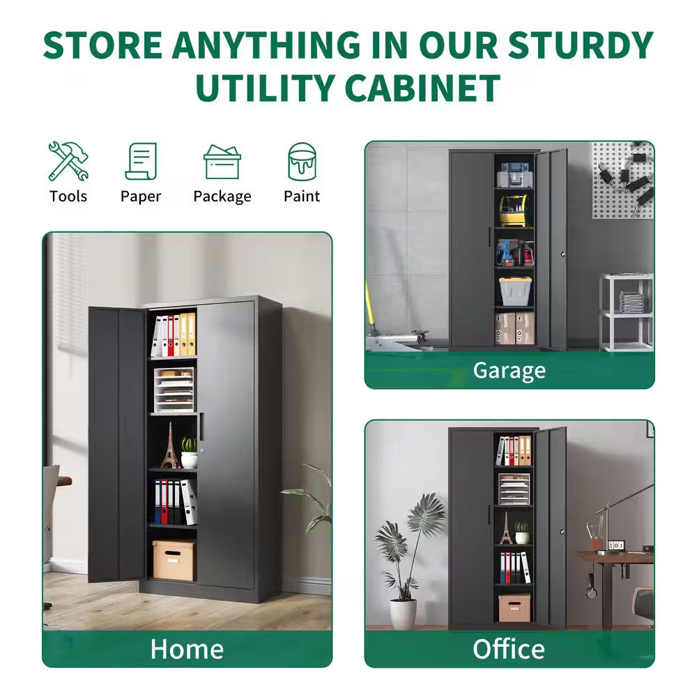 36 In. W X 72 In. H X 18 In. D Metal Freestanding Cabinet in Black with Lock for Home Gym Office School Garage