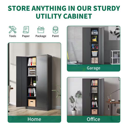 36 In. W X 72 In. H X 18 In. D Metal Freestanding Cabinet in Black with Lock for Home Gym Office School Garage