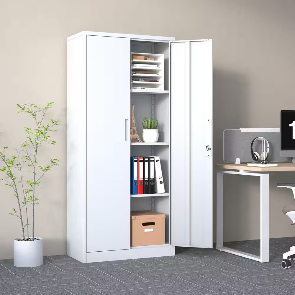 71 In.H White Metal Garage Storage Cabinet Locking Cabinet with Doors and 3 Shelves for Home Office, Classroom/Pantry