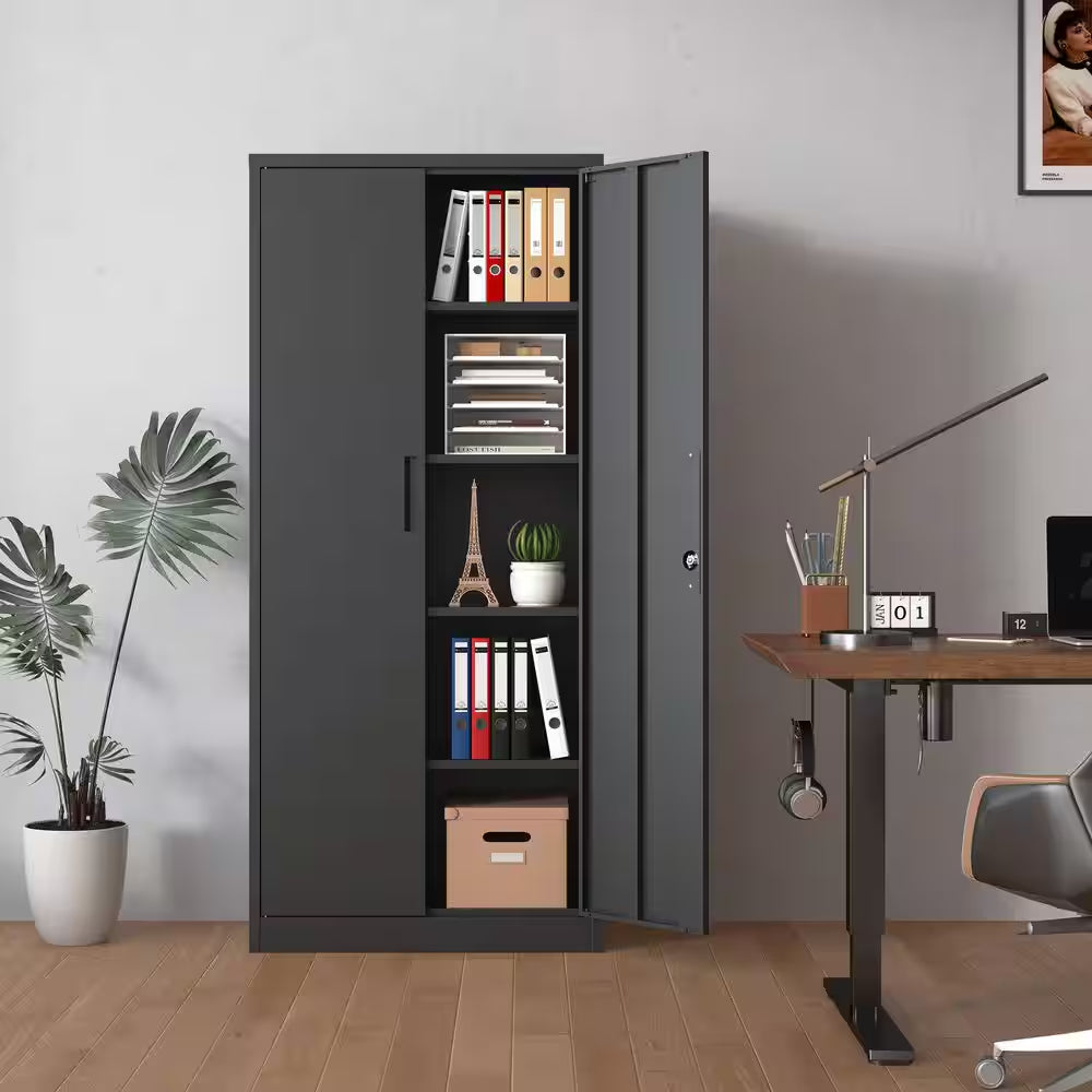 36 In. W X 72 In. H X 18 In. D Metal Freestanding Cabinet in Black with Lock for Home Gym Office School Garage