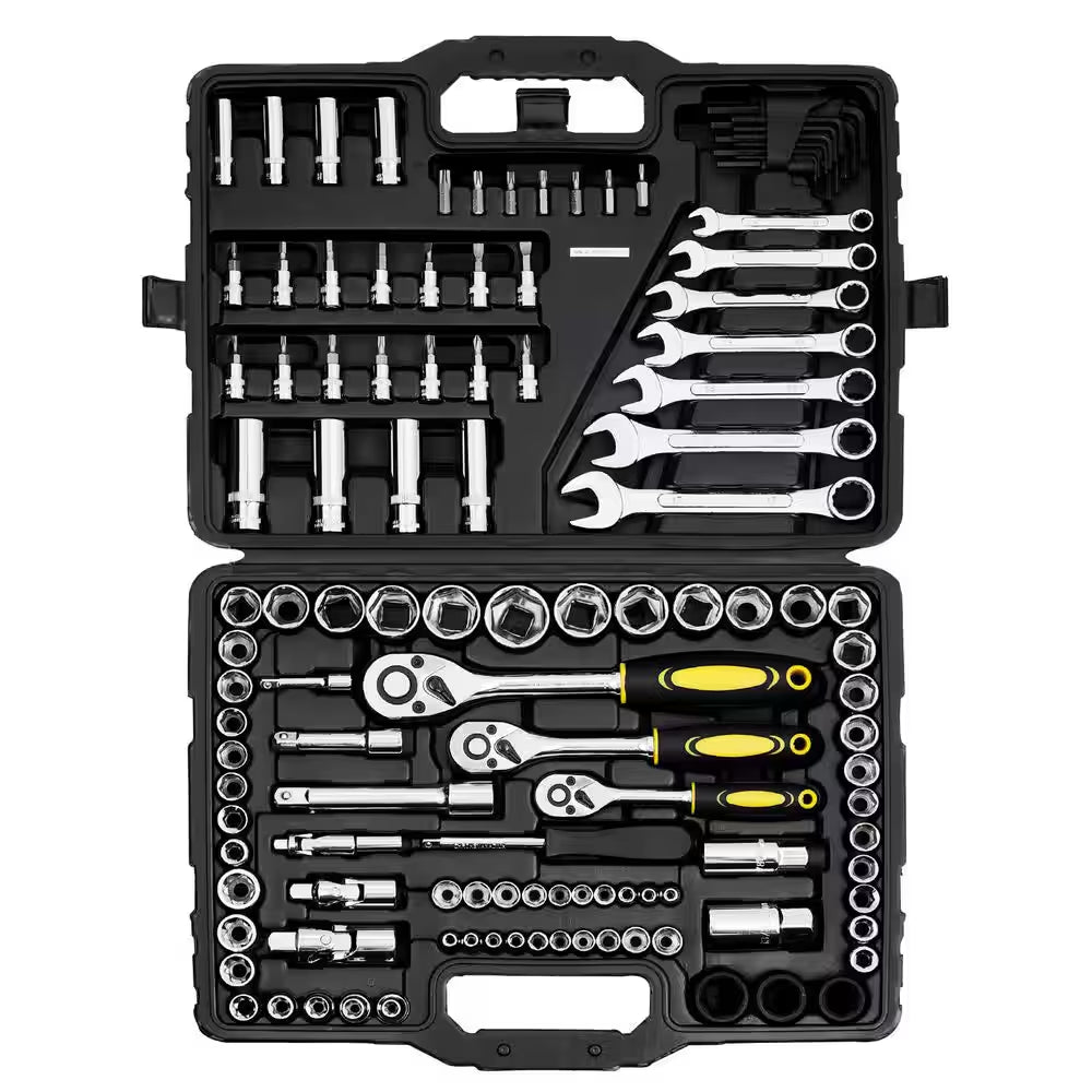 121-Piece Mechanics Tool Set, 1/4In. 3/8In. 1/2In. Drive Sockets, SAE + Metric Mechanic Tool Kit, for Automotive Repair