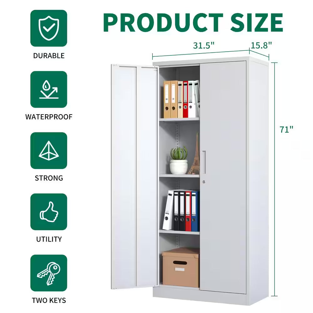 71 In.H White Metal Garage Storage Cabinet Locking Cabinet with Doors and 3 Shelves for Home Office, Classroom/Pantry