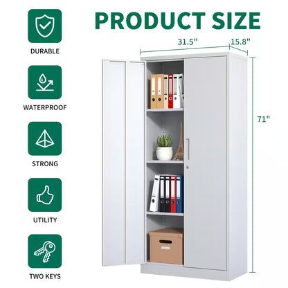 71 In.H White Metal Garage Storage Cabinet Locking Cabinet with Doors and 3 Shelves for Home Office, Classroom/Pantry