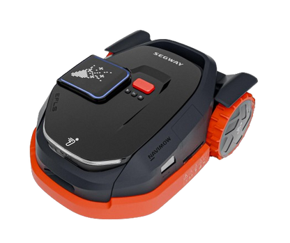 Robotic lawn mower with red and black design on a white background
